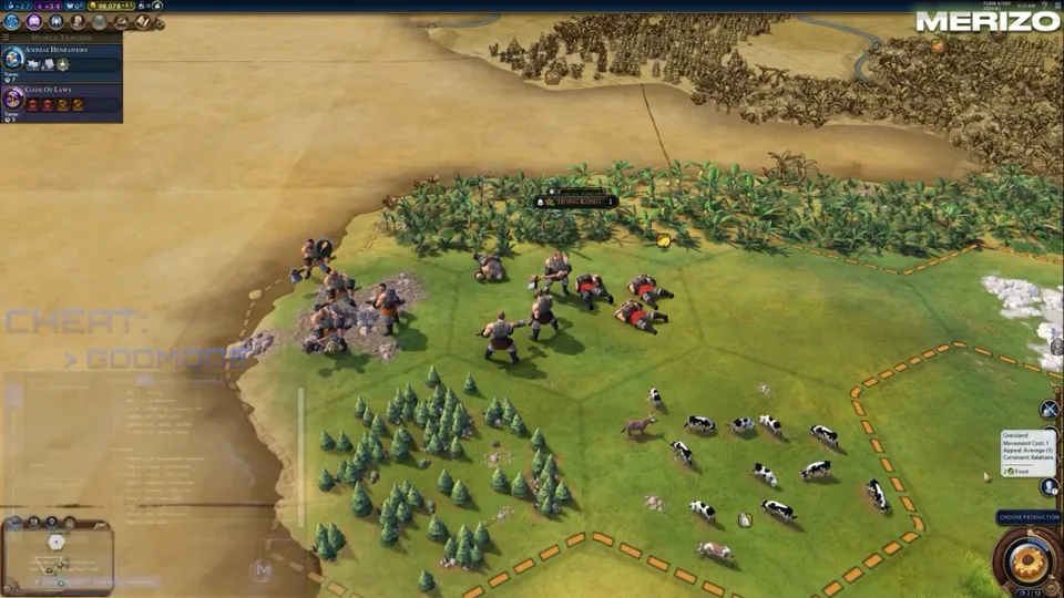 Civilization VI God Mode cheat overlay during combat near Hong Kong with boosted gold and on-map unit tracking