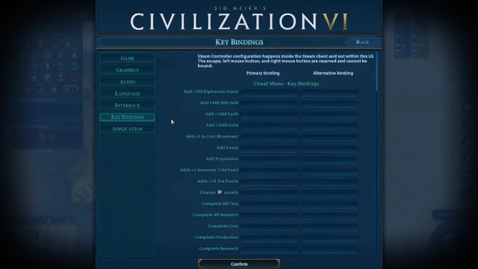 Civilization VI key bindings screen listing cheat menu shortcuts for gold, research, movement, and production