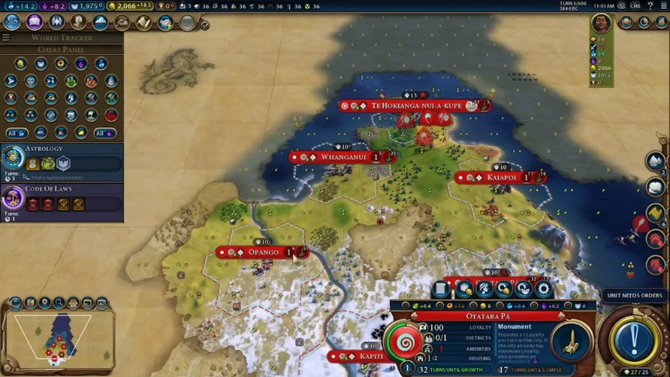 Civilization VI cheat panel highlighting instant faith, gold, and civic completion modifiers over a coastal empire